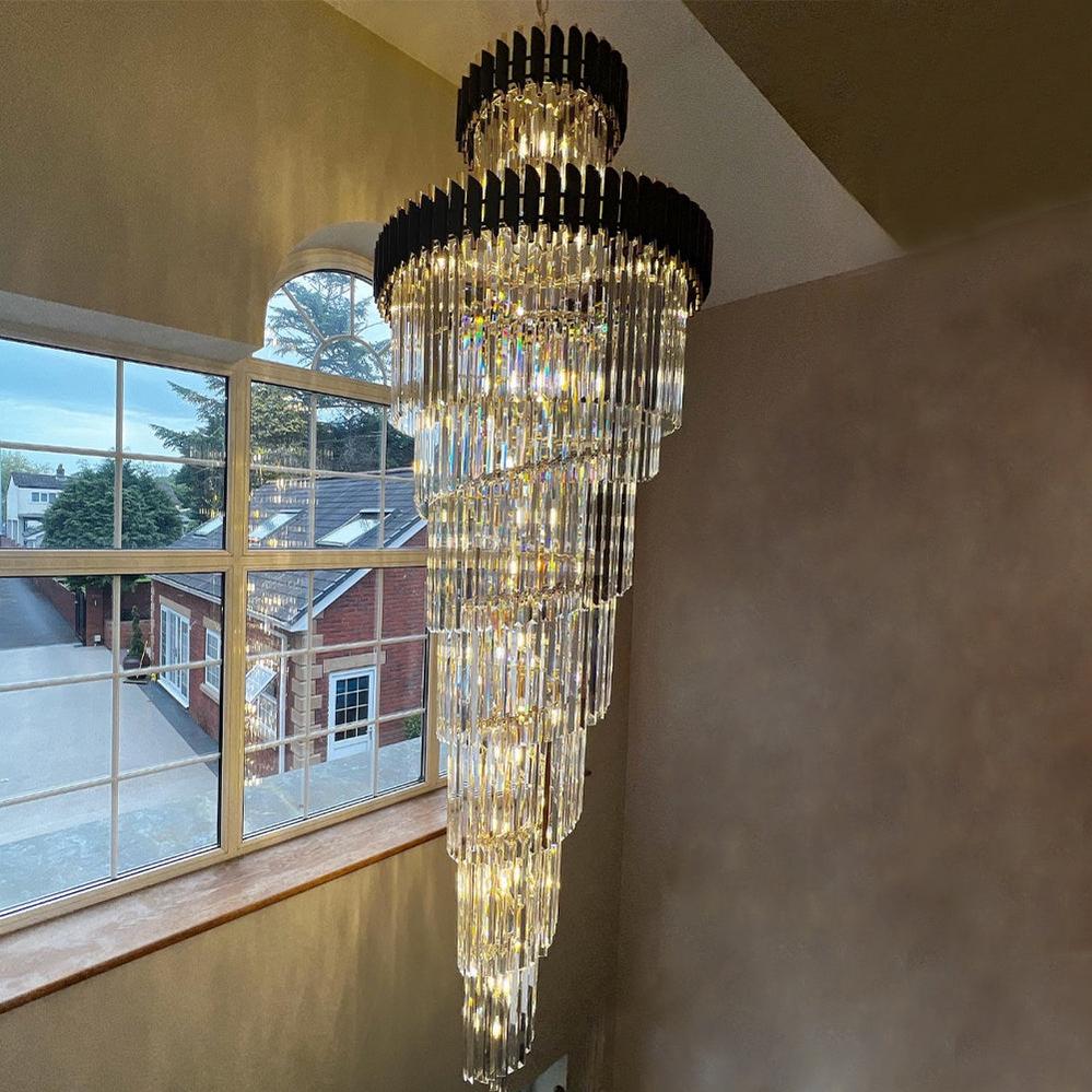 Classic Large Multi - layered Spiral Crystal Chandelier for Foyer/ Staircase - D17.7"*H59.1"/12 Lights/16 kgBlackWarm Lightcasivra