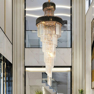 Classic Large Multi-layered Spiral Crystal Chandelier for Foyer/ Staircase - D17.7"*H59.1"/12 Lights/16 kgBlackWarm Lightcasivra
