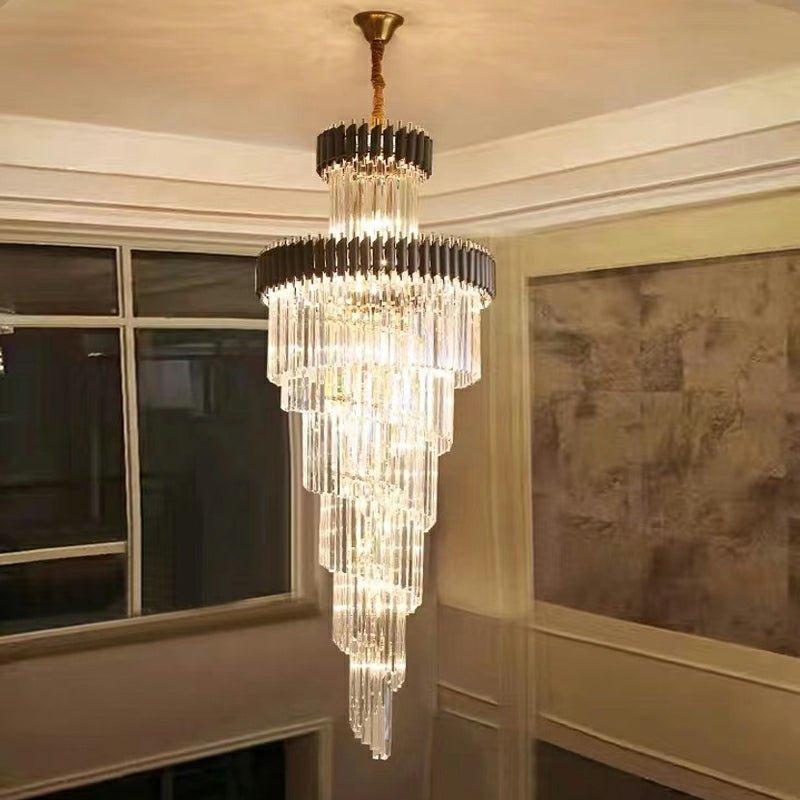 Classic Large Multi-layered Spiral Crystal Chandelier for Foyer/ Staircase - D17.7"*H59.1"/12 Lights/16 kgBlackWarm Lightcasivra