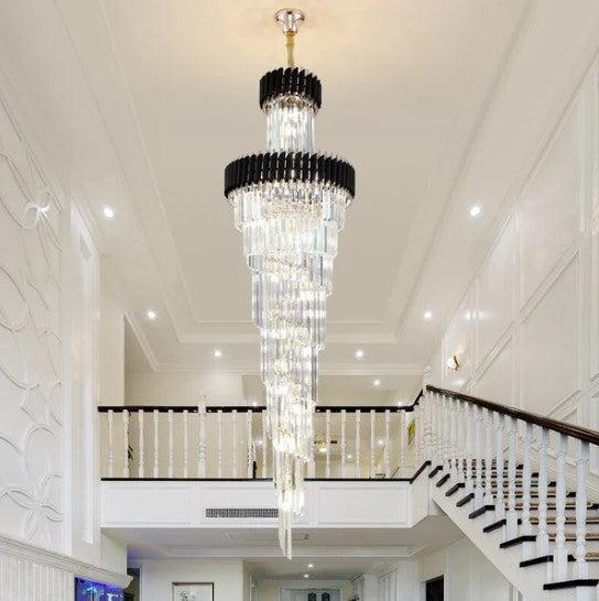 Classic Large Multi-layered Spiral Crystal Chandelier for Foyer/ Staircase - D17.7"*H59.1"/12 Lights/16 kgBlackDimmable White Lightcasivra