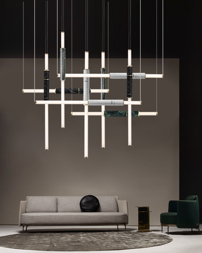 Linear Pipe Alabaster & Acrylic Pendant Light for dining room | vertically & horizontally