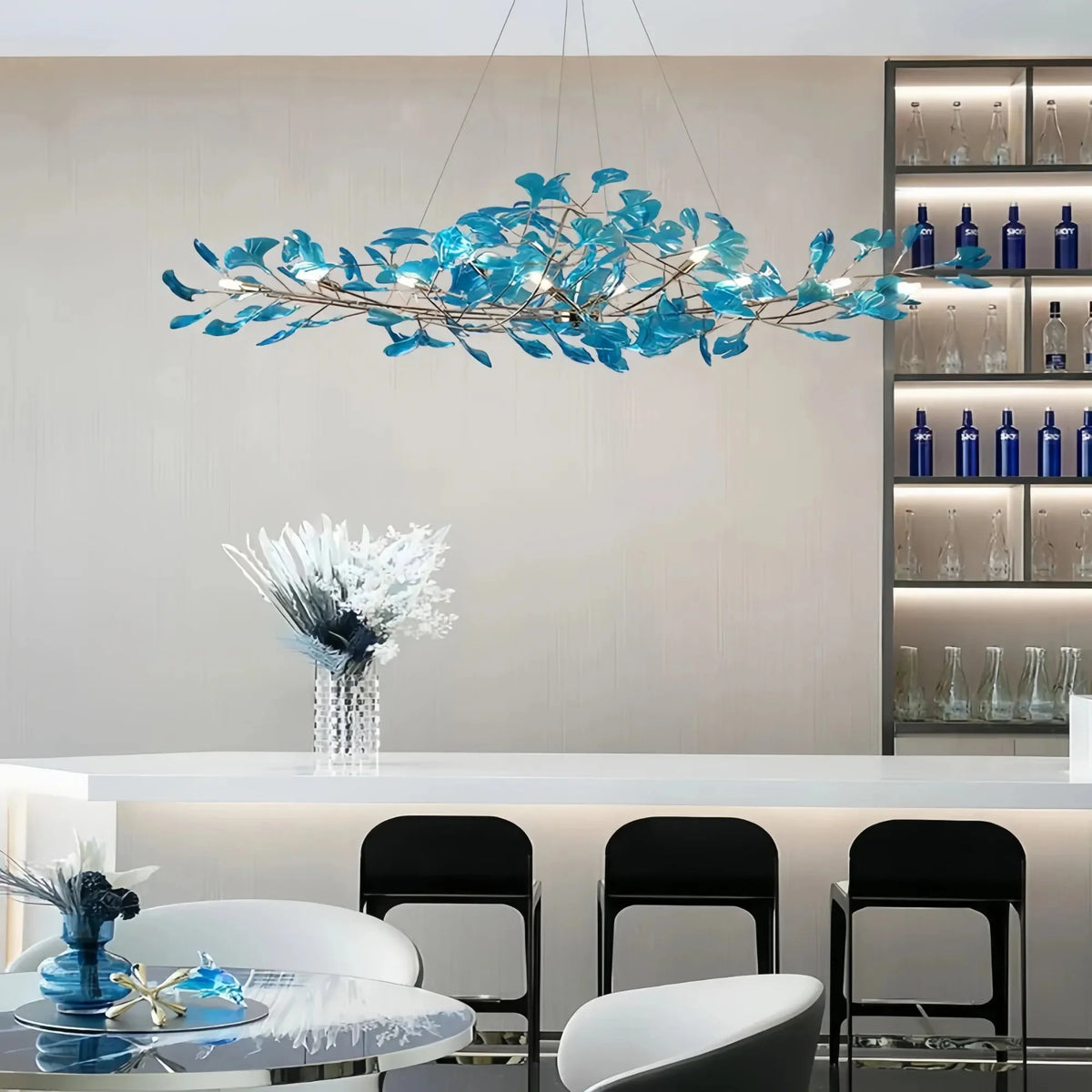 Colorful Glass Ginkgo Leaf Chandelier - Size A: 31.5″ LSapphirecasivra