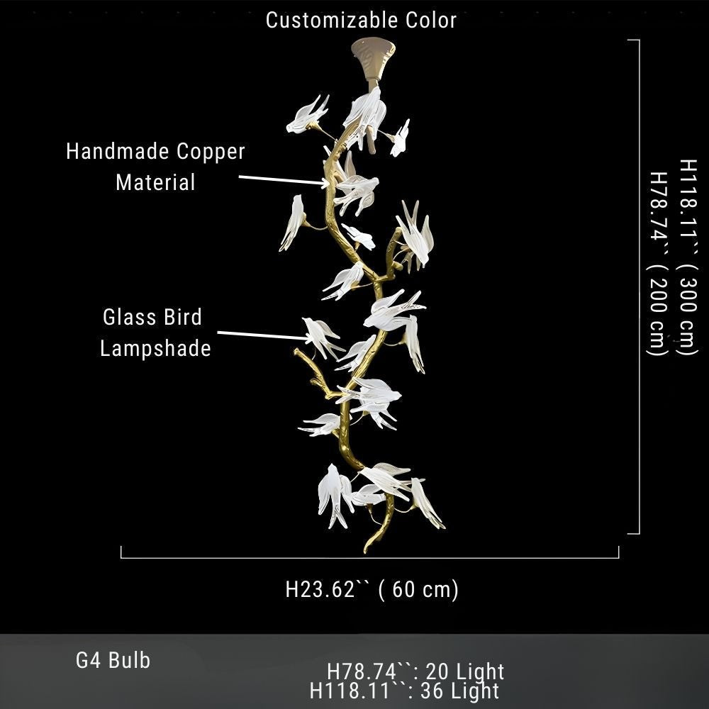 Crissy Branch Brass Bird Branch Staircase Chandelier - H78.74" (200cm)CopperCool white 6000Kcasivra