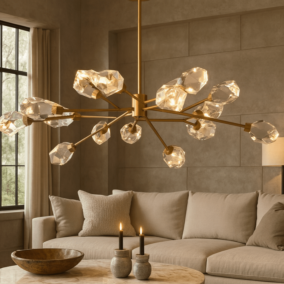The Diamante copper and crystal chandelier from Morsale.com casting bright light, clear crystal orbs on a copper frame.
