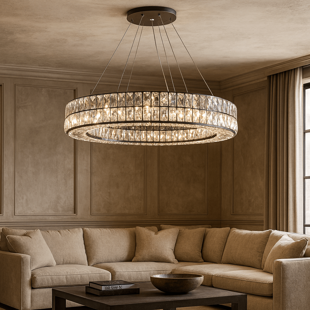 Hutton crystal modern chandelier by Morsale.com, hand-set K9 crystal on a sleek black frame above a dining table.