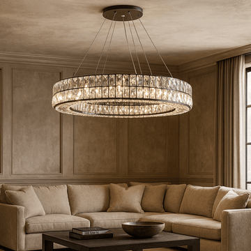 Hutton crystal modern chandelier by Morsale.com, hand-set K9 crystal on a sleek black frame above a dining table.