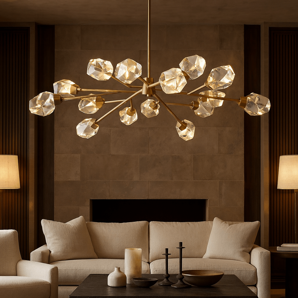 Diamante 15-pendant modern chandelier by Morsale.com, fifteen clear crystal orbs suspended from a warm copper frame above a dining table.