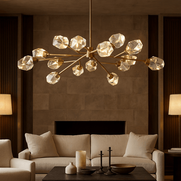 Diamante 15-pendant modern chandelier by Morsale.com, fifteen clear crystal orbs suspended from a warm copper frame above a dining table.