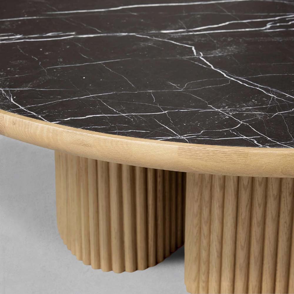 Astor Round Marble Top Coffee Table Wood Cocktail Table Reeded Oak Base Sofa Center Tea Table