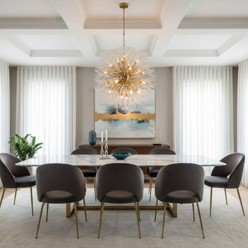 Dianthus Round Chandelier 22''30''43'' styled in a modern dining room