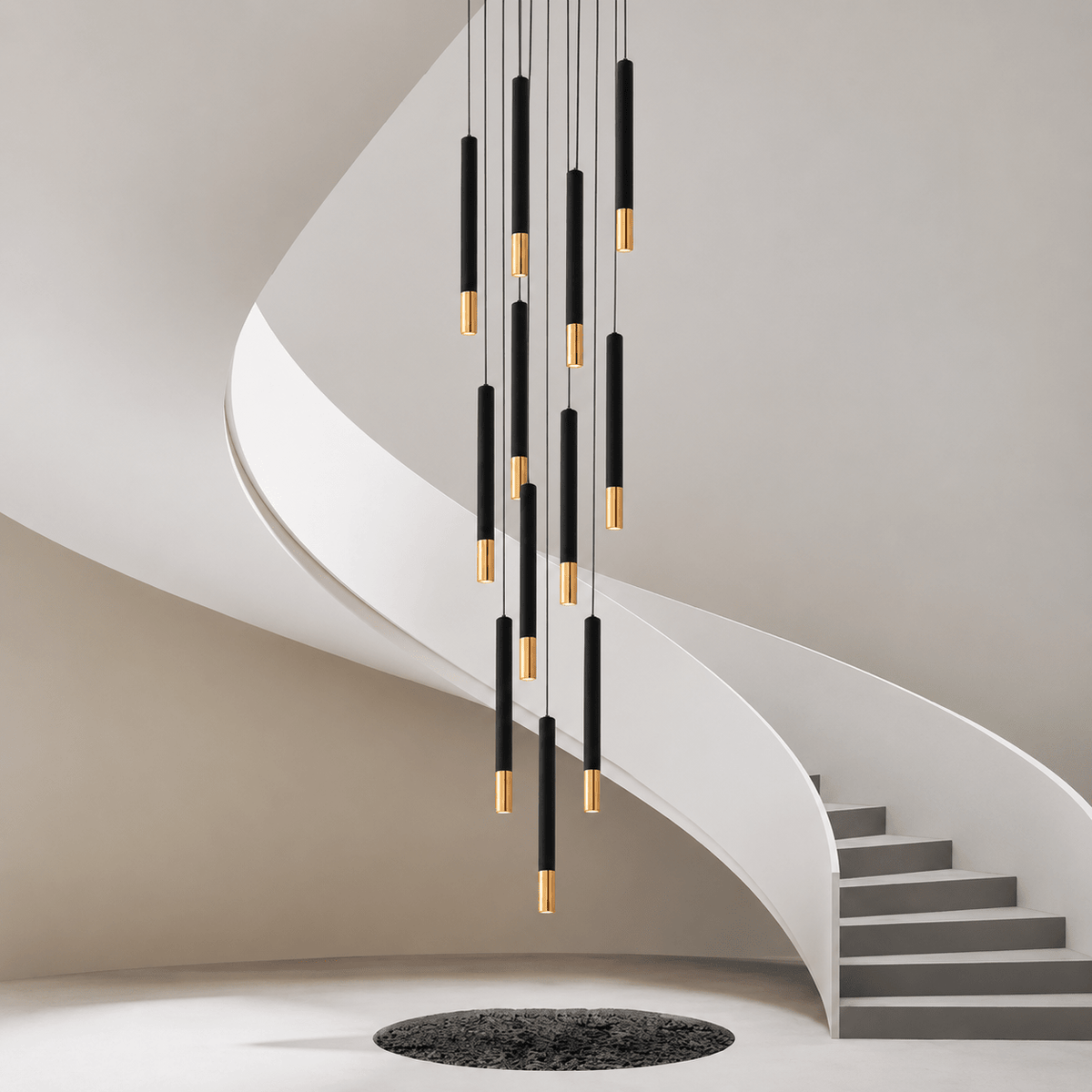 Linea black and gold LED tube chandelier full fixture view