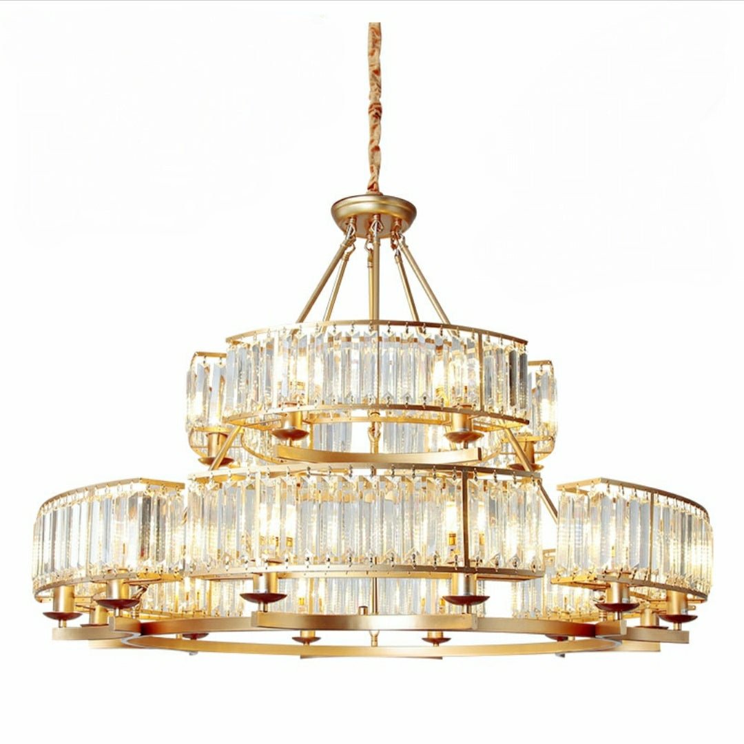 Decorative 6/ 8/ 10/ 12 - Light Crystal Ceiling Chandelier Triangular Prism Island Light Fixture Metal Shade for Living Room - 2 Layers/ 12+6 Lights/ D41.3"*H29.5"/37kgGoldWarm Lightcasivra