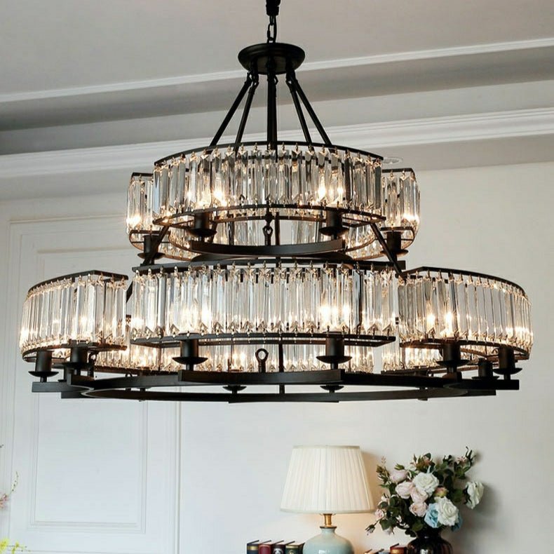 Decorative 6/ 8/ 10/ 12 - Light Crystal Ceiling Chandelier Triangular Prism Island Light Fixture Metal Shade for Living Room - 2 Layers/ 12+6 Lights/ D41.3"*H29.5"/37kgCoffeeWarm Lightcasivra