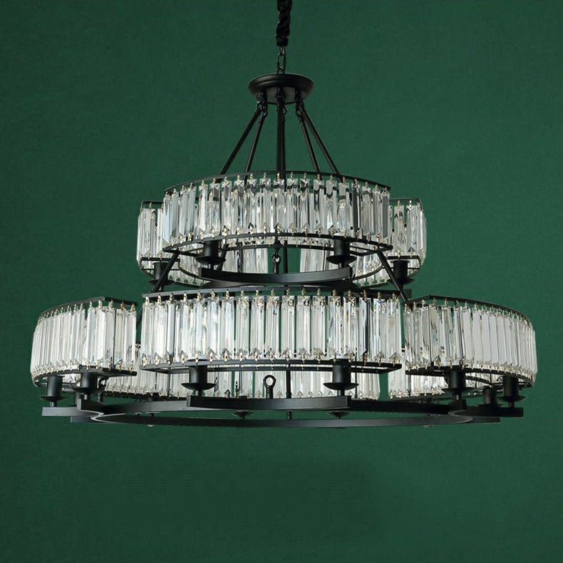 Decorative 6/ 8/ 10/ 12 - Light Crystal Ceiling Chandelier Triangular Prism Island Light Fixture Metal Shade for Living Room - 2 Layers/ 12+6 Lights/ D41.3"*H29.5"/37kgBlackWarm Lightcasivra