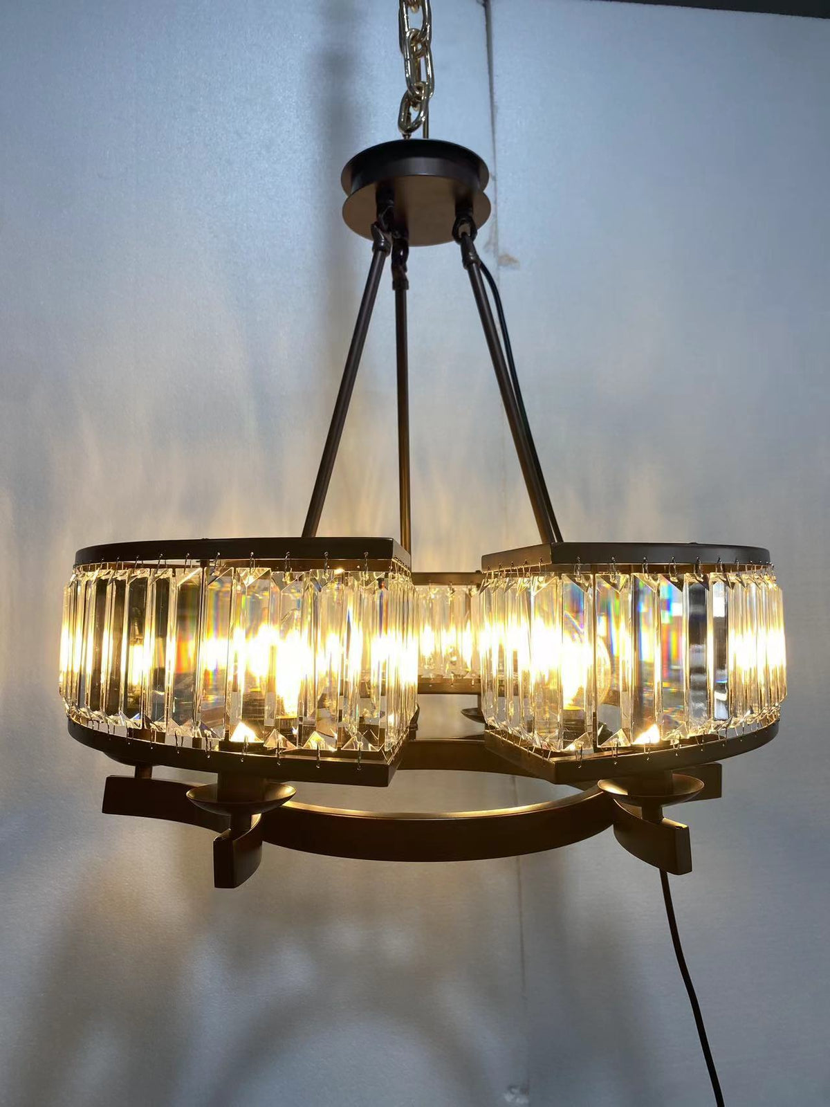 Decorative 6/ 8/ 10/ 12 - Light Crystal Ceiling Chandelier Triangular Prism Island Light Fixture Metal Shade for Living Room - 2 Layers/ 12+6 Lights/ D41.3"*H29.5"/37kgGoldWarm Lightcasivra