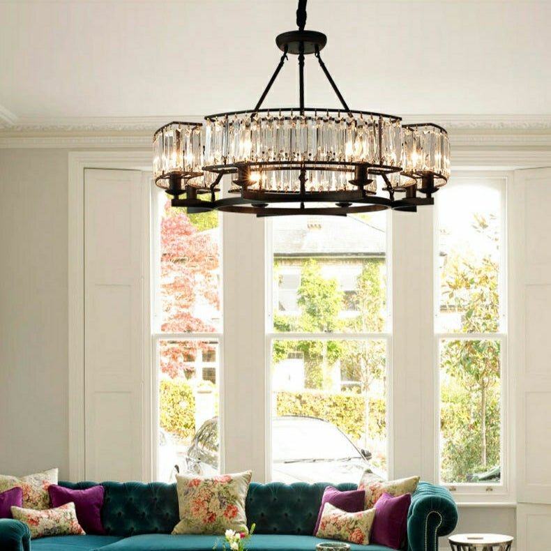 Decorative 6/ 8/ 10/ 12 - Light Crystal Ceiling Chandelier Triangular Prism Island Light Fixture Metal Shade for Living Room - 8 Lights/ D31.5"*H20.1"/24.3kgBlackWarm Lightcasivra