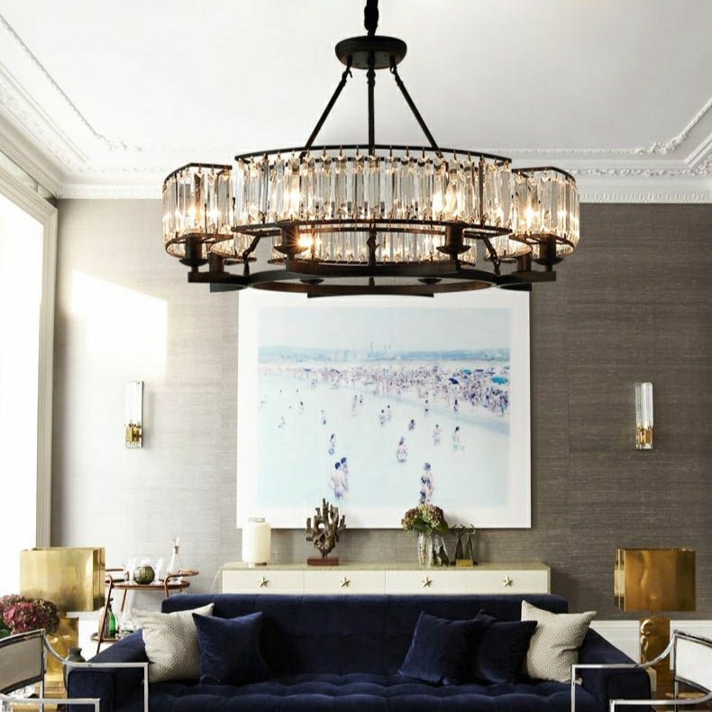 Decorative 6/ 8/ 10/ 12 - Light Crystal Ceiling Chandelier Triangular Prism Island Light Fixture Metal Shade for Living Room - 8 Lights/ D31.5"*H20.1"/24.3kgBlackWarm Lightcasivra