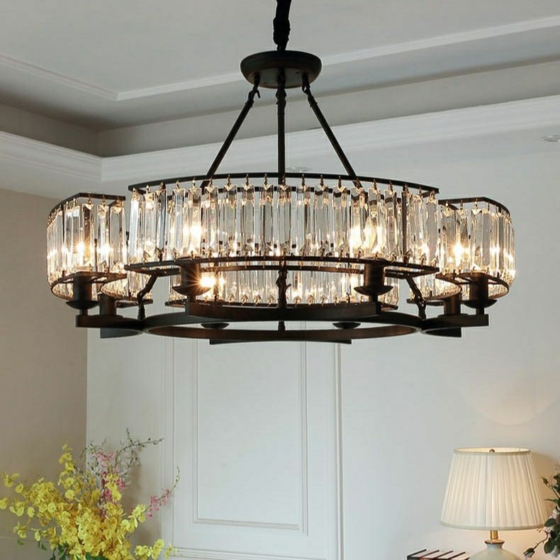 Decorative 6/ 8/ 10/ 12 - Light Crystal Ceiling Chandelier Triangular Prism Island Light Fixture Metal Shade for Living Room - 8 Lights/ D31.5"*H20.1"/24.3kgBlackWarm Lightcasivra