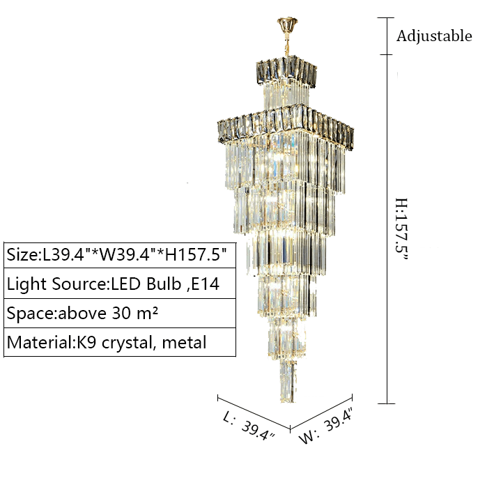 Decorative Large Vertical Crystal Staircase Chandelier Foyer Ceiling Light Fixture Lamp In Gray/ Amber Brim - L39.4"*W39.4"*H157.5"Smoky GrayWarm Lightcasivra