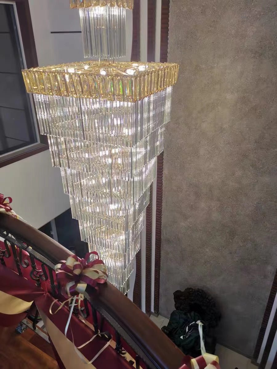 Decorative Large Vertical Crystal Staircase Chandelier Foyer Ceiling Light Fixture Lamp In Gray/ Amber Brim - L15.8"*W15.8"*H55.1"Smoky GrayWarm Lightcasivra