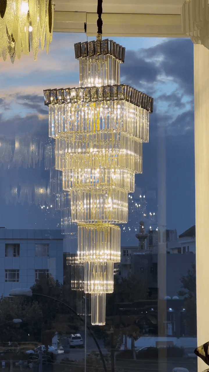 Decorative Large Vertical Crystal Staircase Chandelier Foyer Ceiling Light Fixture Lamp In Gray/ Amber Brim - L15.8"*W15.8"*H55.1"Smoky GrayWarm Lightcasivra