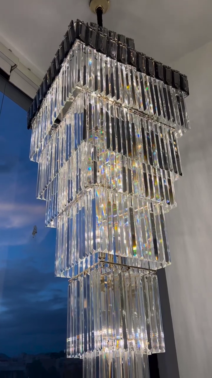 Decorative Large Vertical Crystal Staircase Chandelier Foyer Ceiling Light Fixture Lamp In Gray/ Amber Brim - L15.8"*W15.8"*H55.1"Smoky GrayWarm Lightcasivra