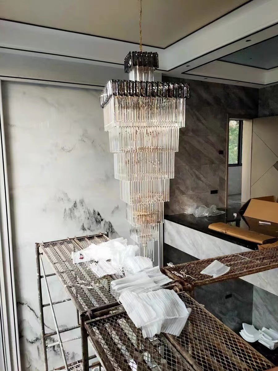 Decorative Large Vertical Crystal Staircase Chandelier Foyer Ceiling Light Fixture Lamp In Gray/ Amber Brim - L15.8"*W15.8"*H55.1"Smoky GrayWarm Lightcasivra