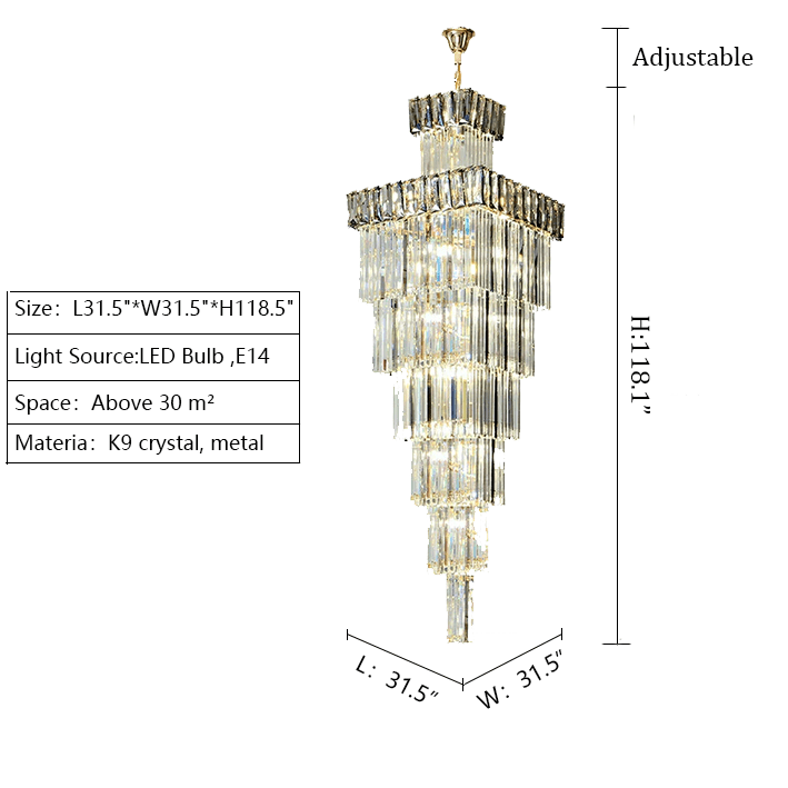 Decorative Large Vertical Crystal Staircase Chandelier Foyer Ceiling Light Fixture Lamp In Gray/ Amber Brim - L31.5"*W31.5"*H118.1"Smoky GrayWarm Lightcasivra