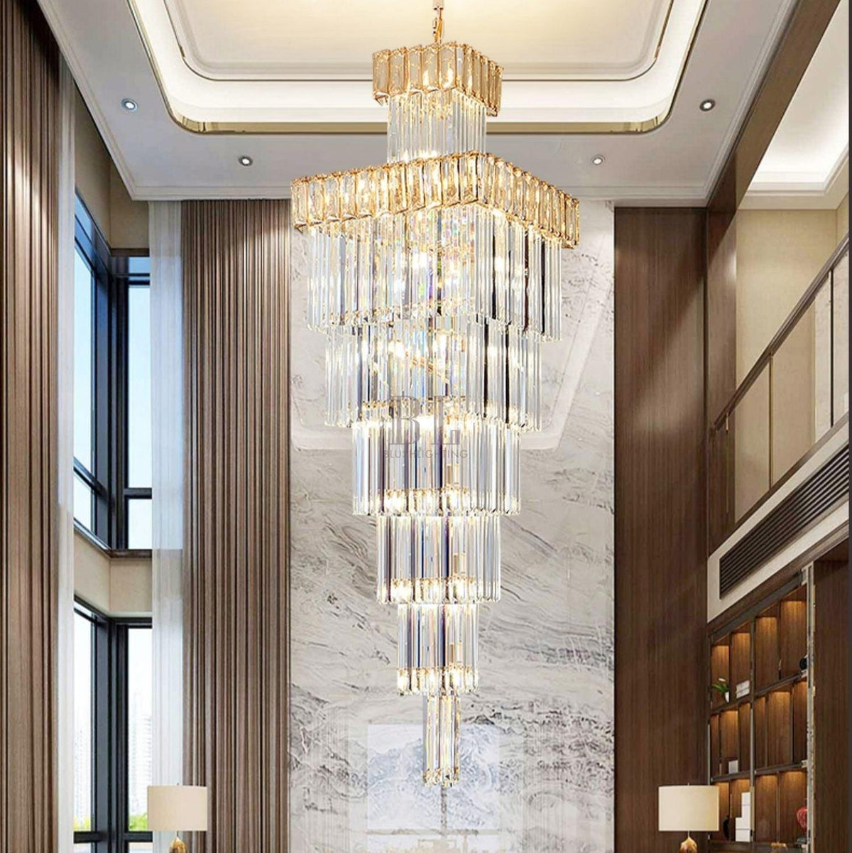 Decorative Large Vertical Crystal Staircase Chandelier Foyer Ceiling Light Fixture Lamp In Gray/ Amber Brim - L15.8"*W15.8"*H55.1"Smoky GrayWarm Lightcasivra