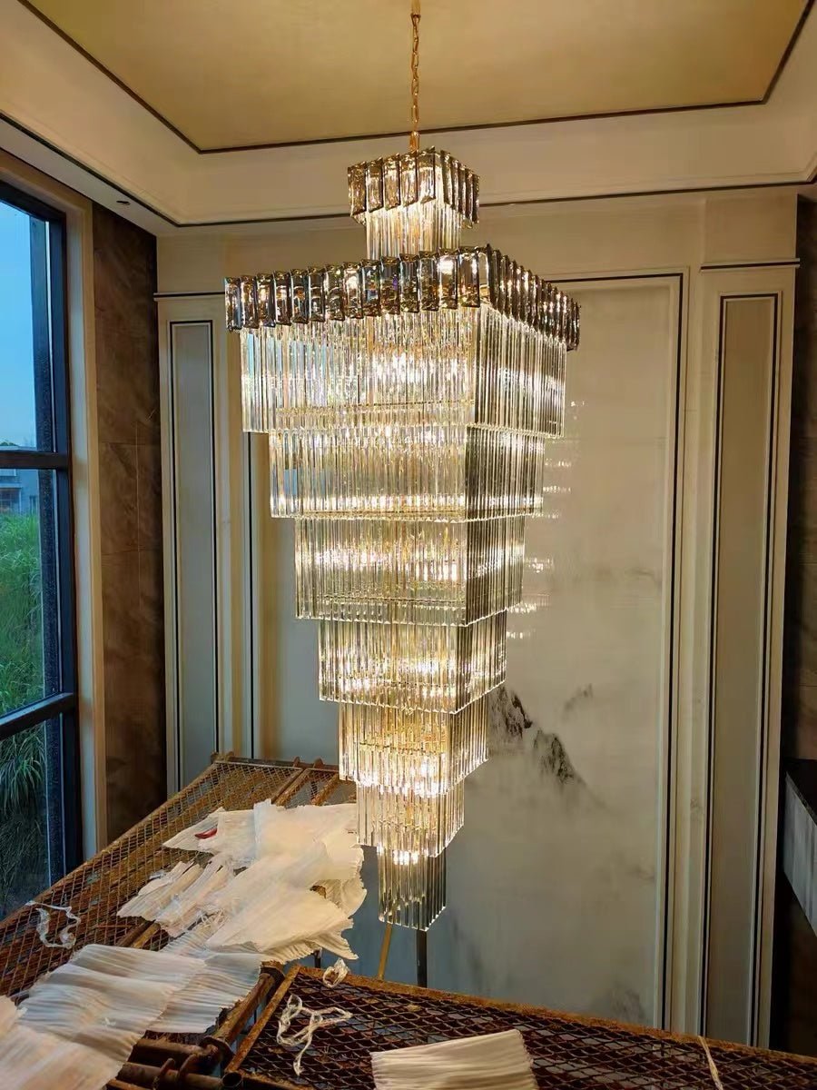 Decorative Large Vertical Crystal Staircase Chandelier Foyer Ceiling Light Fixture Lamp In Gray/ Amber Brim - L15.8"*W15.8"*H55.1"Smoky GrayWarm Lightcasivra