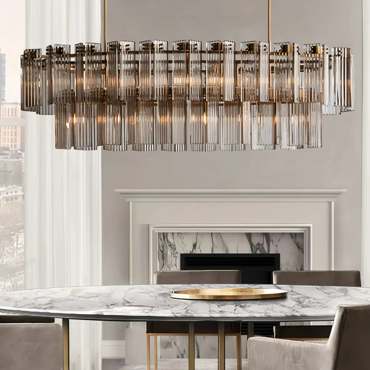 Dorsey Oval Chandelier styled in a modern dining room