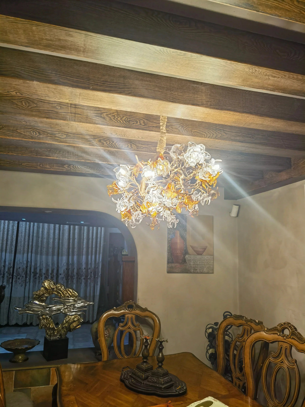 Designer Favorite Brass Branch Chandelier with Artistic Flower Glass for Dining Room Living Room and Kitchen Island - Round/12 Lights/D23.6"*H15.7"Warm Lightcasivra
