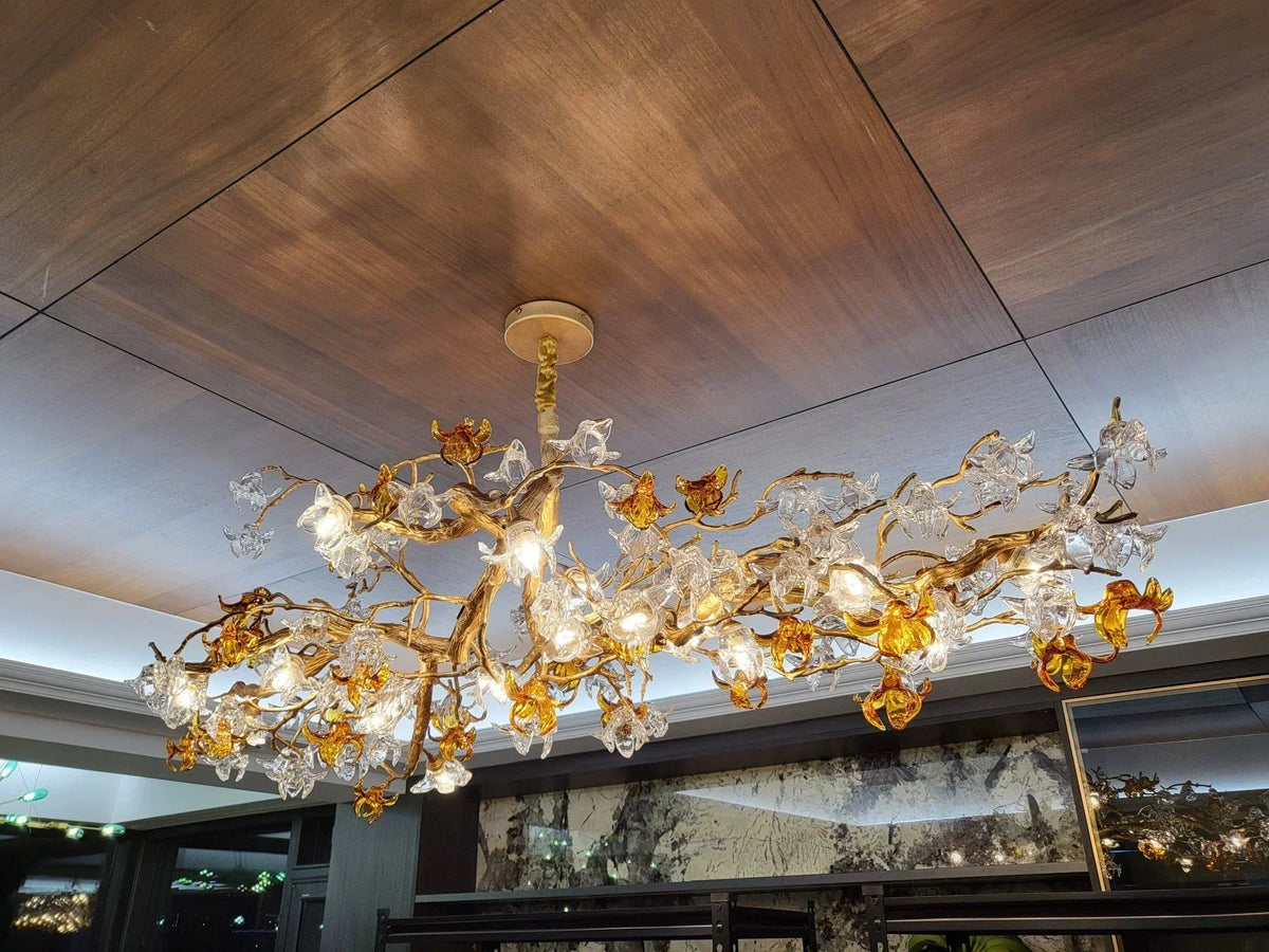 Designer Favorite Brass Branch Chandelier with Artistic Flower Glass for Dining Room Living Room and Kitchen Island - Round/12 Lights/D23.6"*H15.7"Warm Lightcasivra