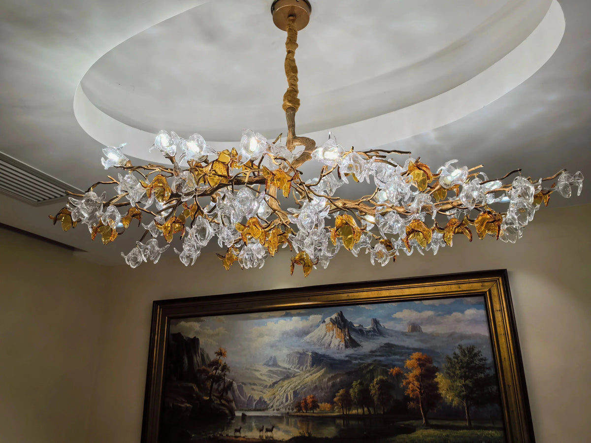 Designer Favorite Brass Branch Chandelier with Artistic Flower Glass for Dining Room Living Room and Kitchen Island - Round/12 Lights/D23.6"*H15.7"Warm Lightcasivra