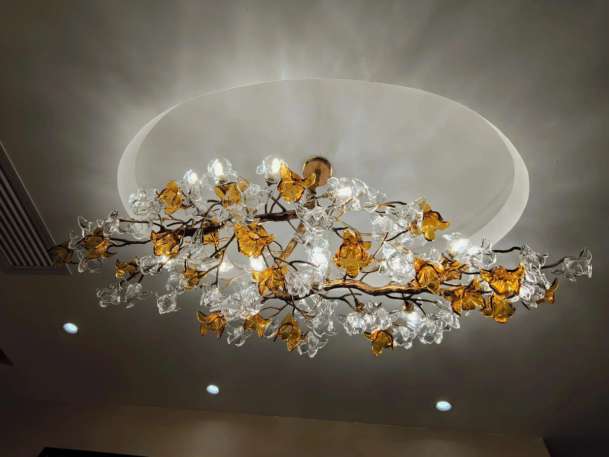 Designer Favorite Brass Branch Chandelier with Artistic Flower Glass for Dining Room Living Room and Kitchen Island - Round/12 Lights/D23.6"*H15.7"Warm Lightcasivra