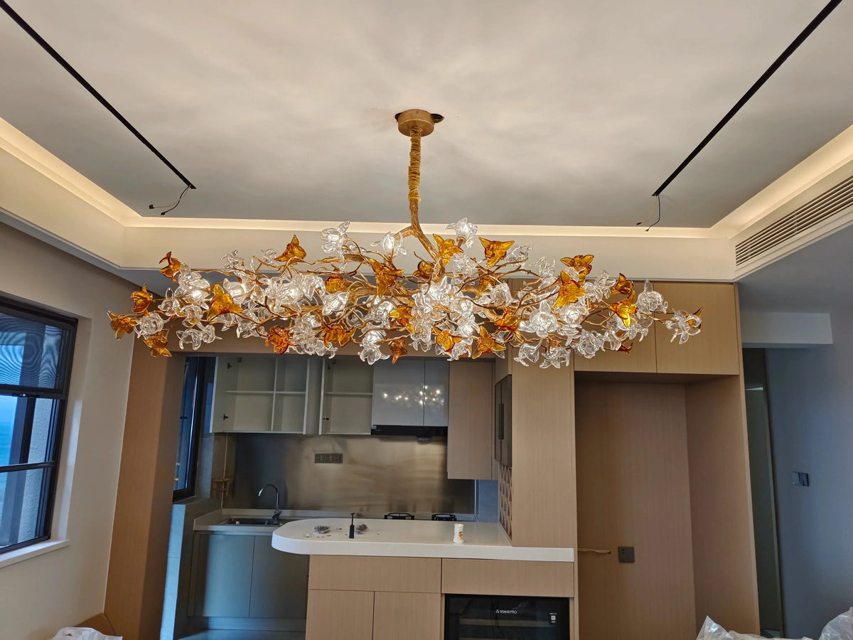 Designer Favorite Brass Branch Chandelier with Artistic Flower Glass for Dining Room Living Room and Kitchen Island - Round/12 Lights/D23.6"*H15.7"Warm Lightcasivra