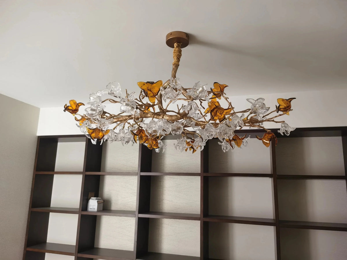 Designer Favorite Brass Branch Chandelier with Artistic Flower Glass for Dining Room Living Room and Kitchen Island - Round/12 Lights/D23.6"*H15.7"Warm Lightcasivra