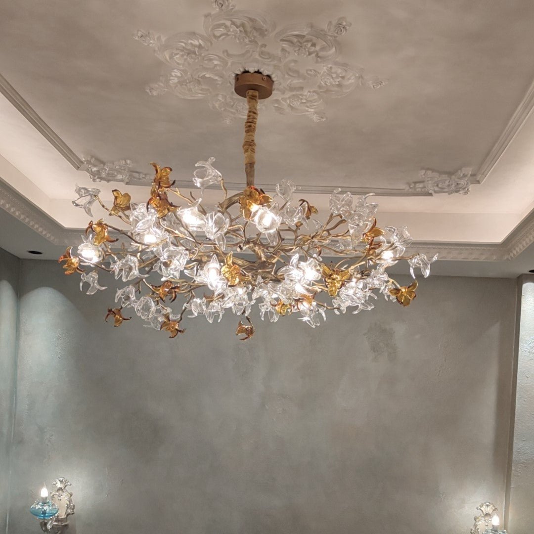 Designer Favorite Brass Branch Chandelier with Artistic Flower Glass for Dining Room Living Room and Kitchen Island - Round/12 Lights/D23.6"*H15.7"Warm Lightcasivra