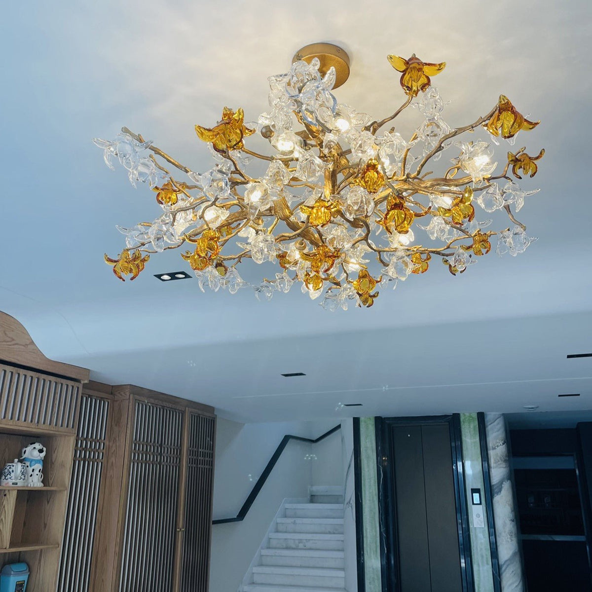Designer Favorite Brass Branch Chandelier with Artistic Flower Glass for Dining Room Living Room and Kitchen Island - Round/12 Lights/D23.6"*H15.7"Warm Lightcasivra
