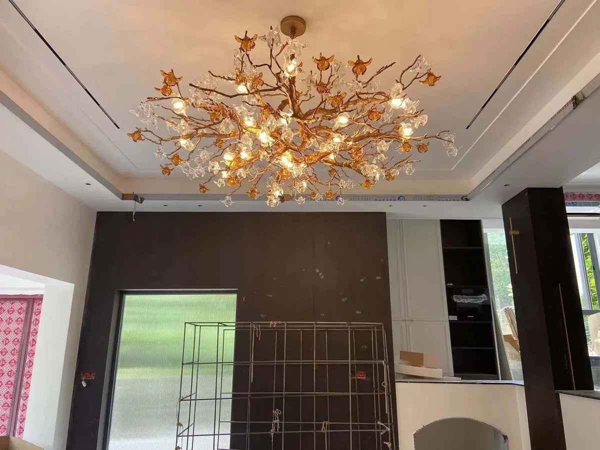 Designer Favorite Brass Branch Chandelier with Artistic Flower Glass for Dining Room Living Room and Kitchen Island - Round/12 Lights/D23.6"*H15.7"Warm Lightcasivra