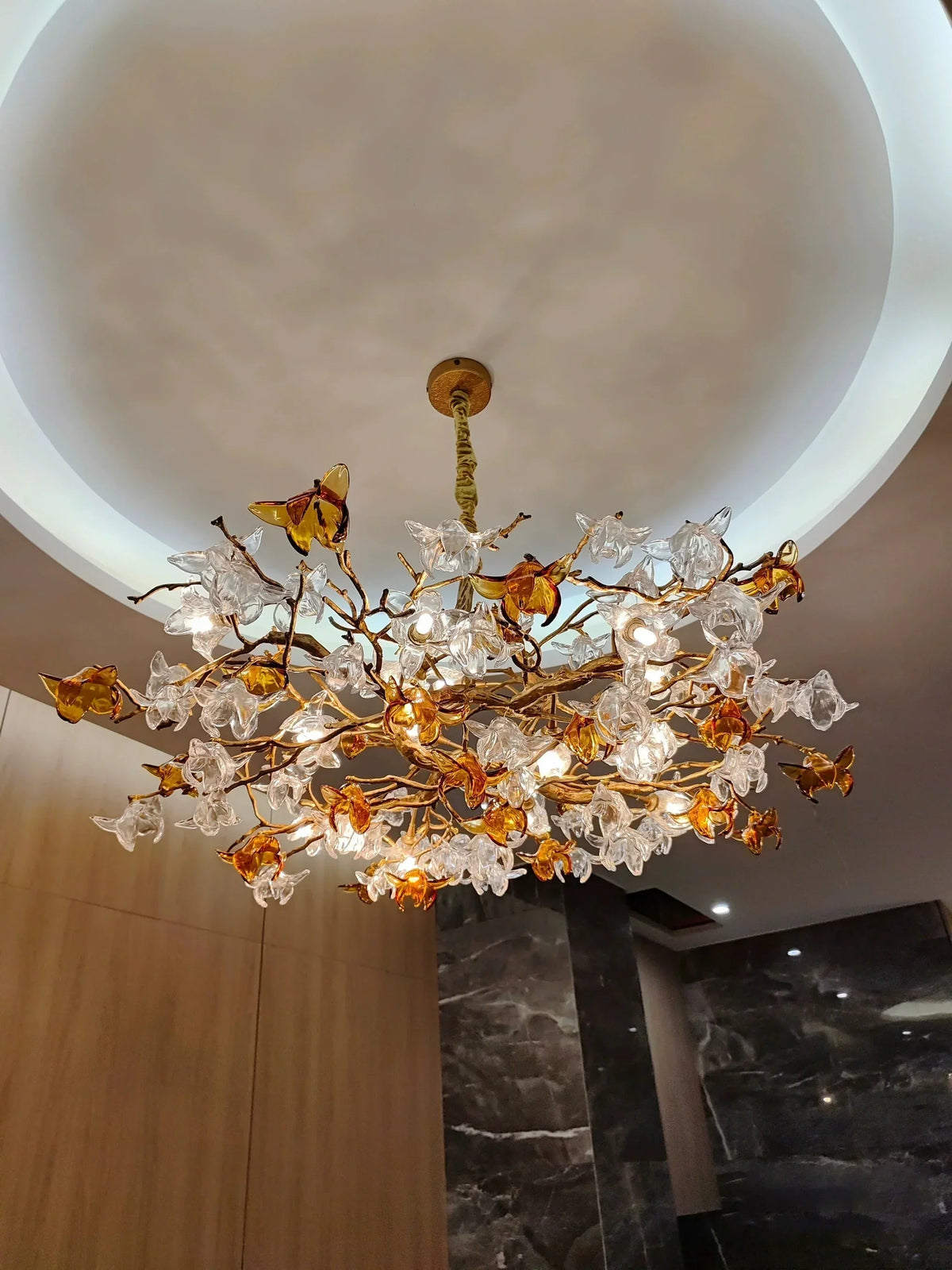Designer Favorite Brass Branch Chandelier with Artistic Flower Glass for Dining Room Living Room and Kitchen Island - Round/12 Lights/D23.6"*H15.7"Warm Lightcasivra