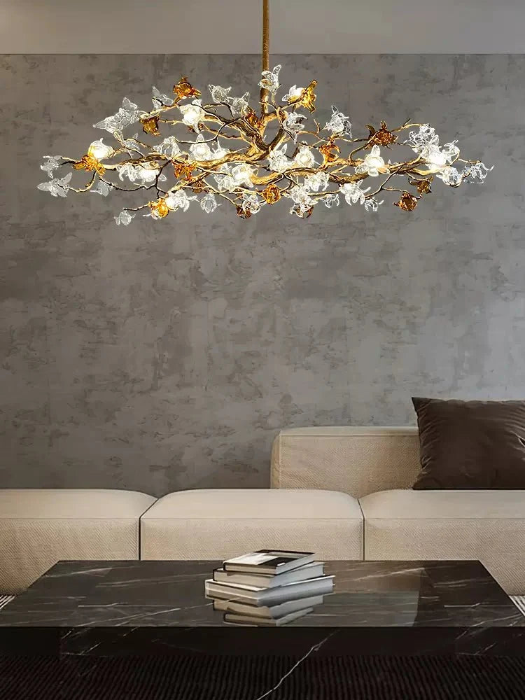 Designer Favorite Brass Branch Chandelier with Artistic Flower Glass for Dining Room Living Room and Kitchen Island - Round/12 Lights/D23.6"*H15.7"Warm Lightcasivra