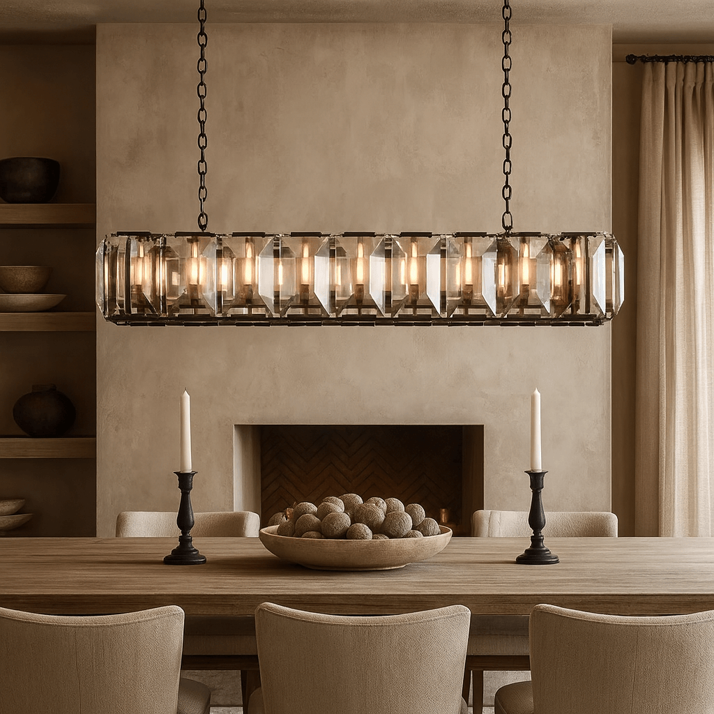 Brookhill crystal rectangular chandelier over a dining table