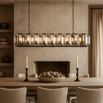 Brookhill crystal rectangular chandelier over a dining table