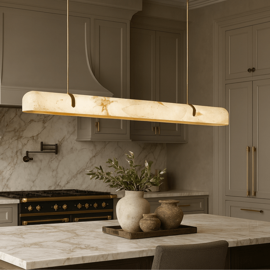 Windsor linear marble dining chandelier in brass and natural stone