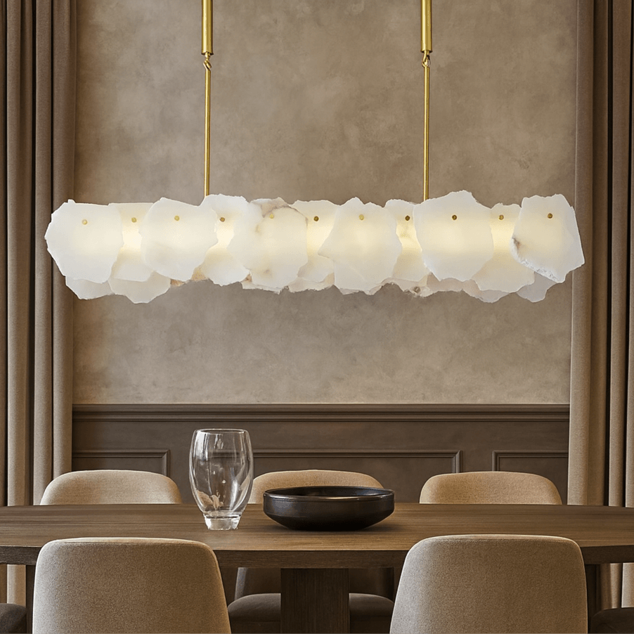 Norham linear marble chandelier in natural stone and copper