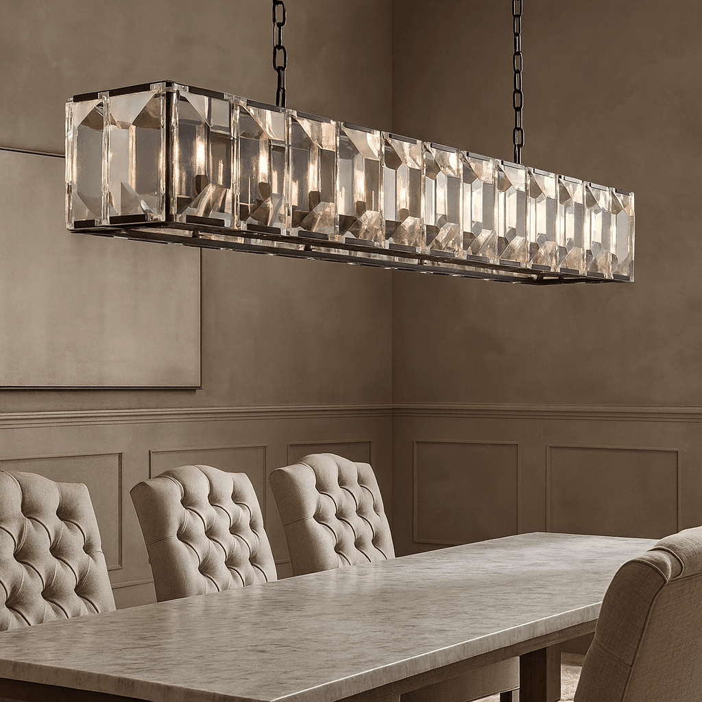 Detail of crystal prisms on the Brookhill rectangular chandelier