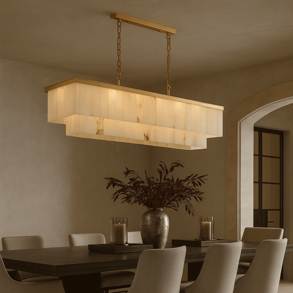 Beano 47-inch linear marble dining chandelier in brass