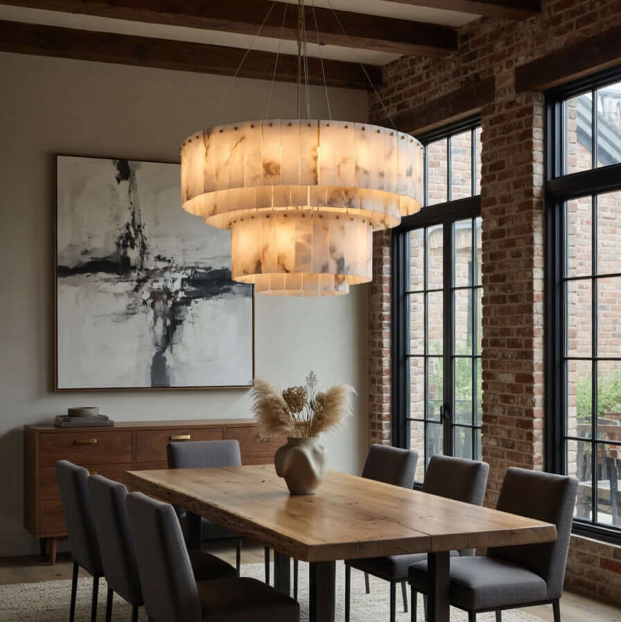 Oakley 31-inch layered marble chandelier in natural stone and brass