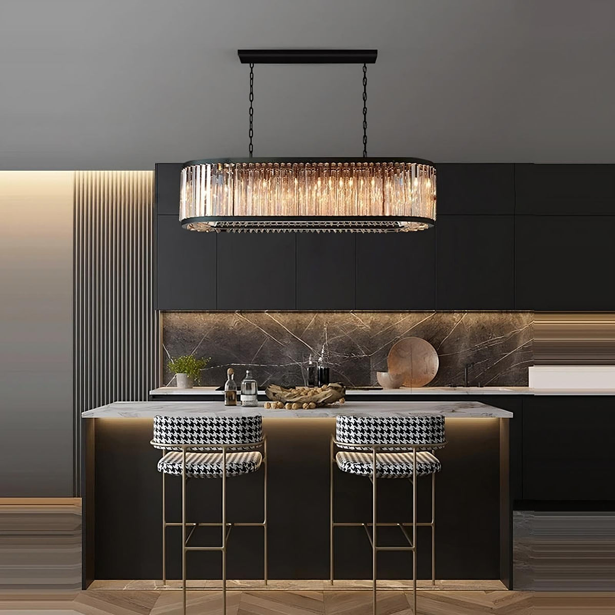 Gio amber crystal dining chandelier over a dining table